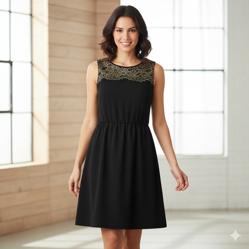 LOFT Black Lace Neckline Sleeveless Fit & Flare Dress Gold Metallic Lace -Size 2